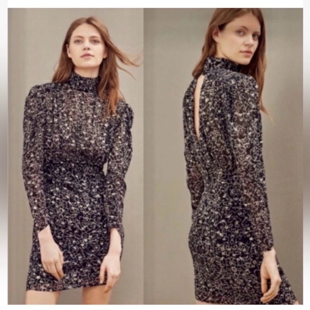 Ba&sh Acia high neck backless sexy long sleeve mini dress metallic black sz S